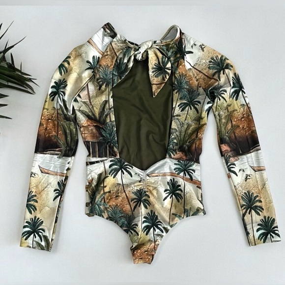 Johanna Ortiz El Palmar Palm Printed Rash Guard One Piece Swimsuit S surf beach